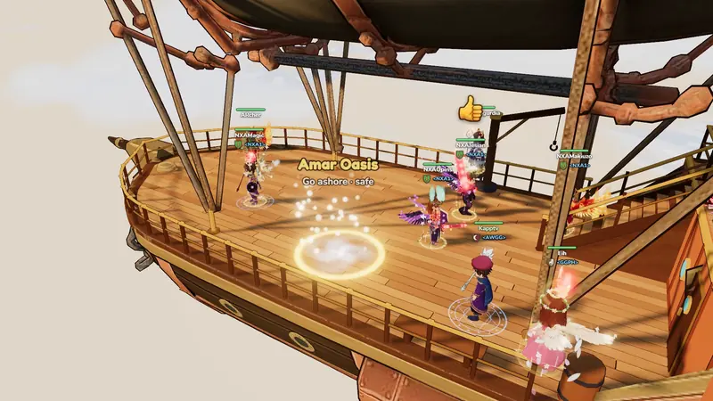 Heroes with wings and glowing weapons on the airship's deck, the way ashore to Amar Oasis glowing