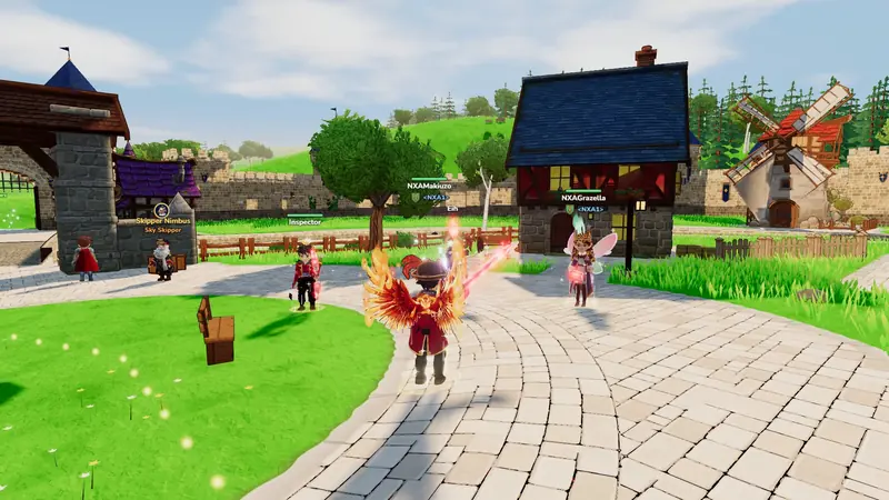 A hero with fiery wings by the town gate, the windmill behind