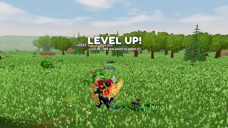 A hero levels up in the fields among Venom Spiders
