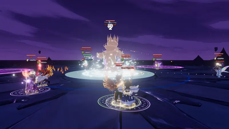 The Lich King and the heroes fighting him on a violet battlefield