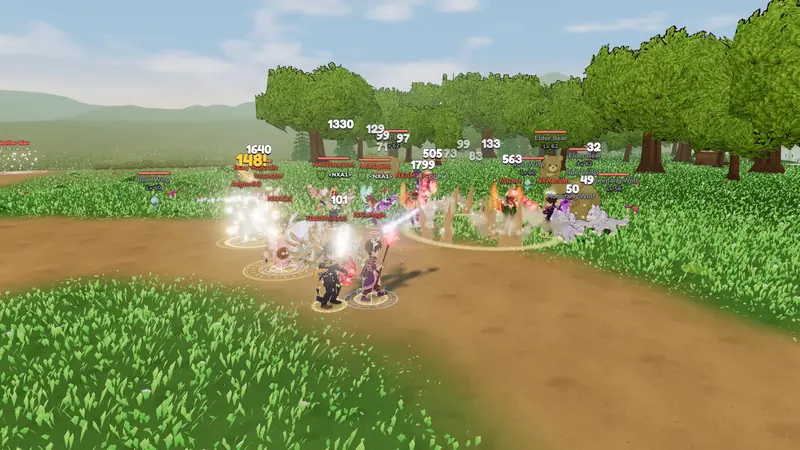 Guilds clash in a PK field, damage numbers flying