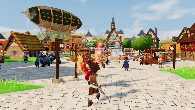 A hero walks into the town plaza past the airship, players and townsfolk round the fountain