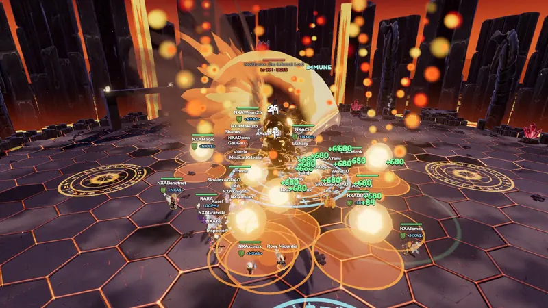 Dozens of heroes under Moltharax's fire storm in his arena