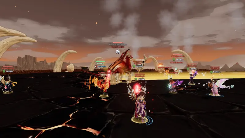 Heroes fight the Ancient Wyrm in its volcanic lair